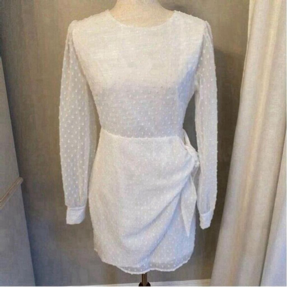 Lulus Much Love White Swiss Dot Long Sleeve Tie-Front Mini Dress Size Small - Picture 3 of 10